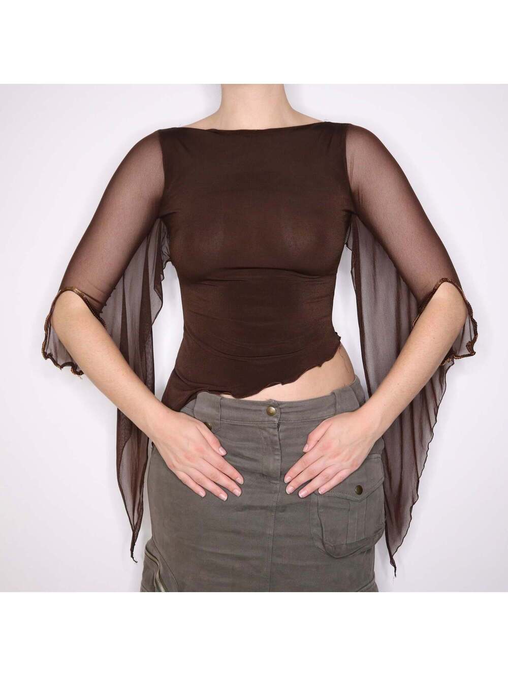 Y2K Italian Brown Asymmetrical Flared Sleeve Top (S)